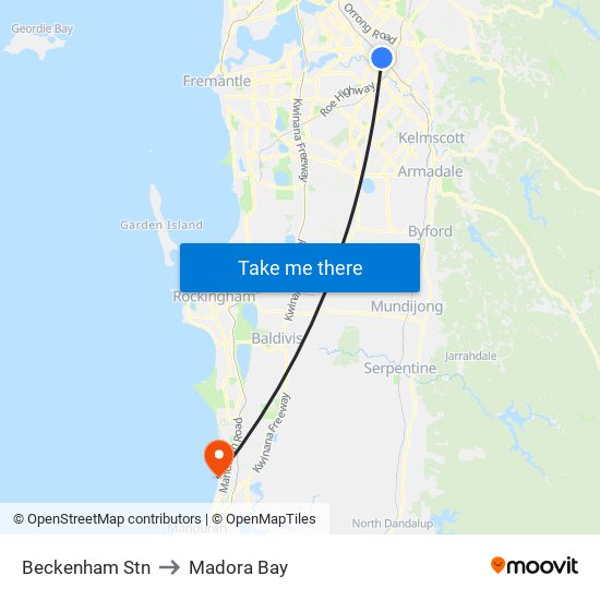 Beckenham Stn to Madora Bay map