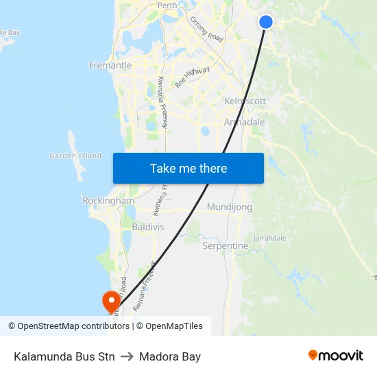 Kalamunda Bus Stn to Madora Bay map