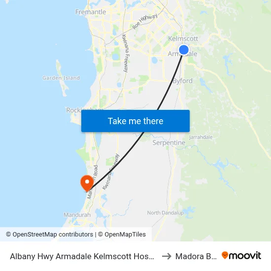 Albany Hwy Armadale Kelmscott Hospital to Madora Bay map