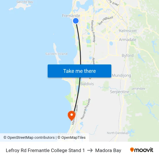 Lefroy Rd Fremantle College Stand 1 to Madora Bay map