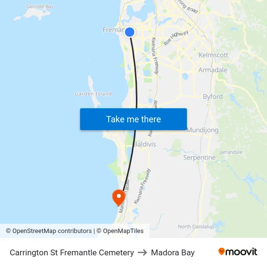 Carrington St Fremantle Cemetery to Madora Bay map