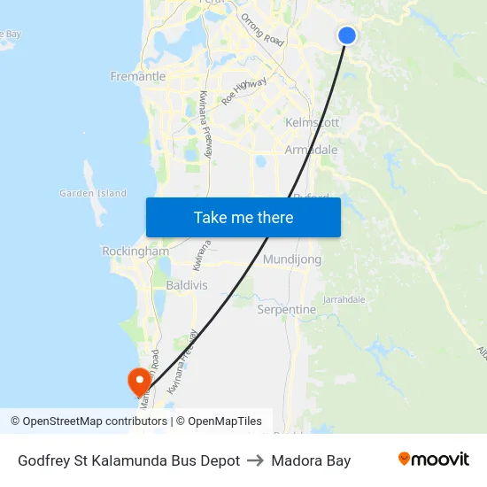 Godfrey St Kalamunda Bus Depot to Madora Bay map