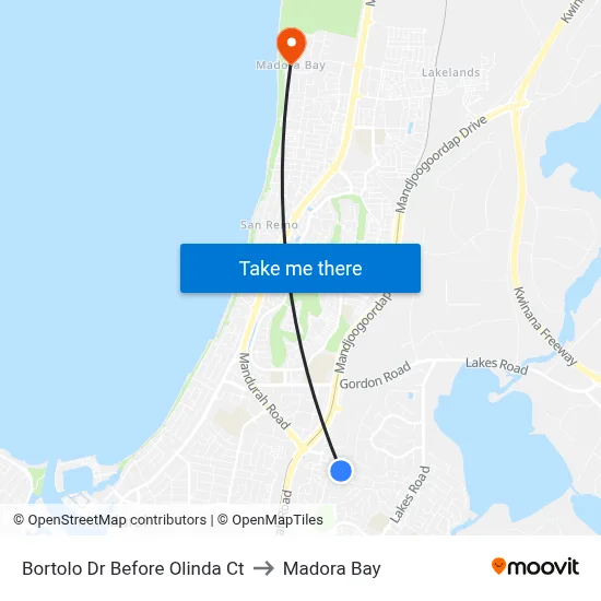 Bortolo Dr Before Olinda Ct to Madora Bay map