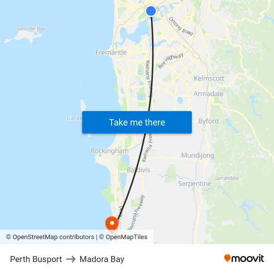 Perth Busport to Madora Bay map