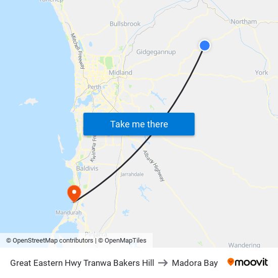 Great Eastern Hwy Tranwa Bakers Hill to Madora Bay map