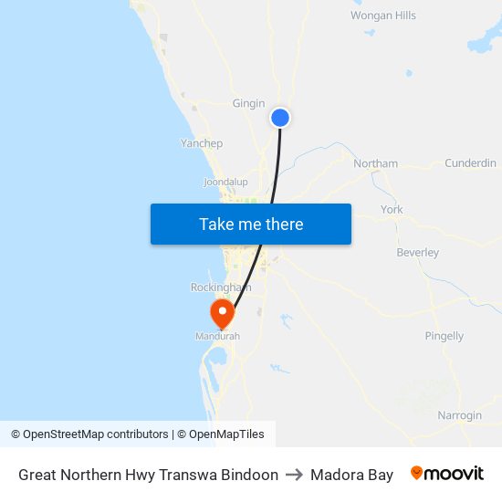 Great Northern Hwy Transwa Bindoon to Madora Bay map