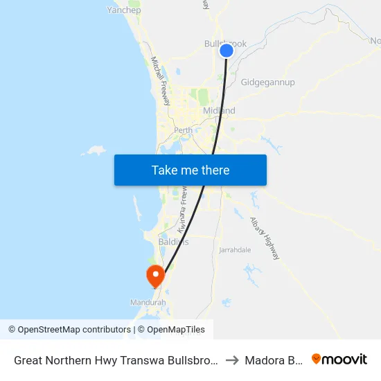 Great Northern Hwy Transwa Bullsbrook to Madora Bay map