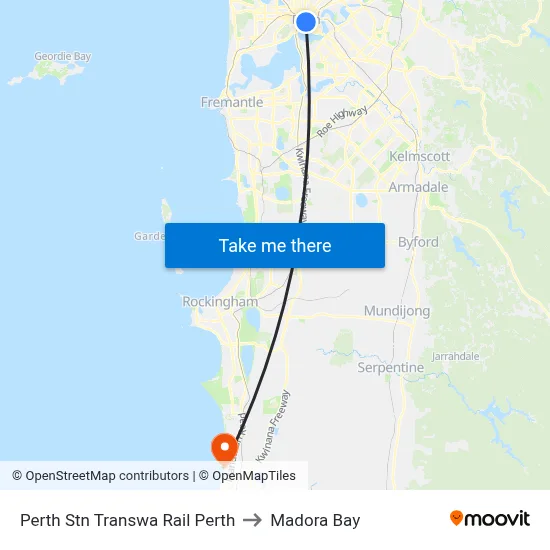 Perth Stn Transwa Rail Perth to Madora Bay map