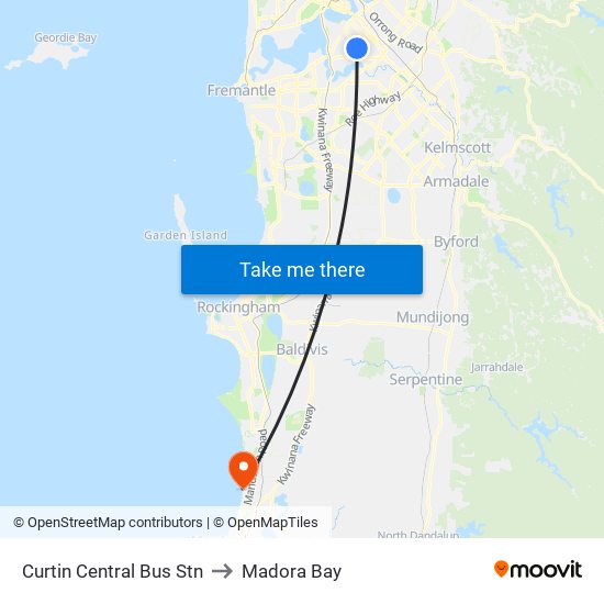 Curtin Central Bus Stn to Madora Bay map