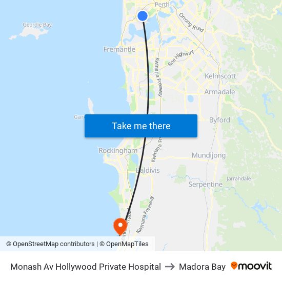 Monash Av Hollywood Private Hospital to Madora Bay map