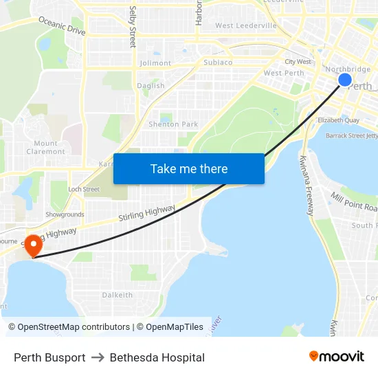 Perth Busport to Bethesda Hospital map
