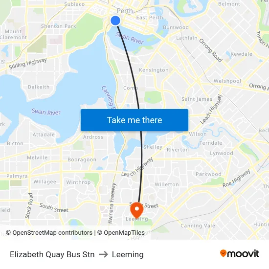 Elizabeth Quay Bus Stn to Leeming map