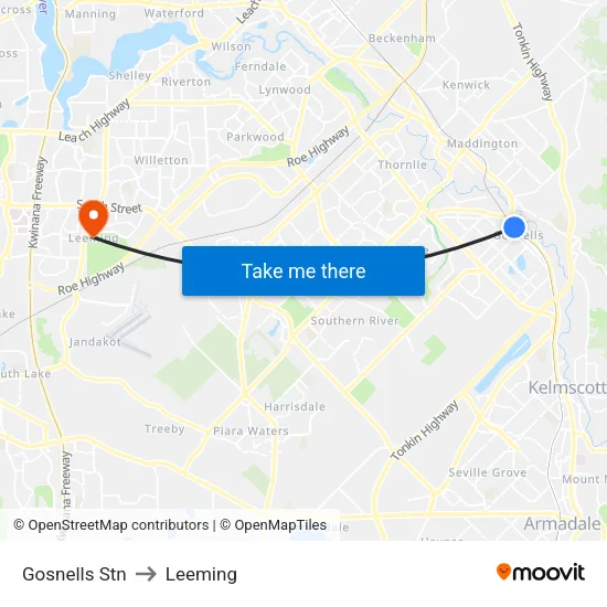 Gosnells Stn to Leeming map