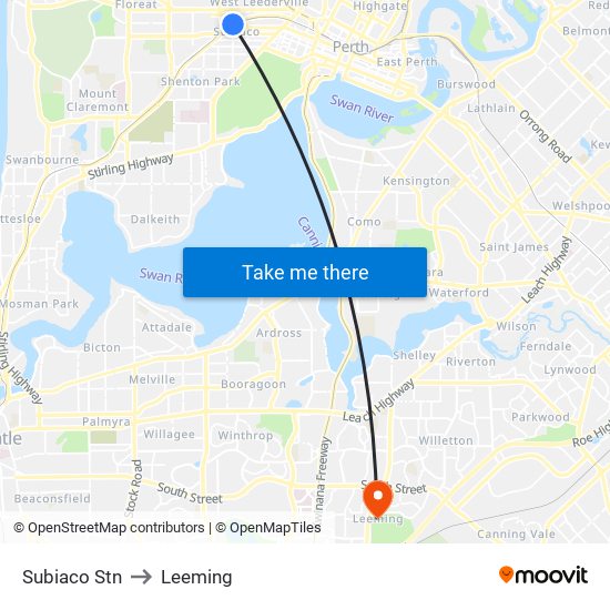 Subiaco Stn to Leeming map