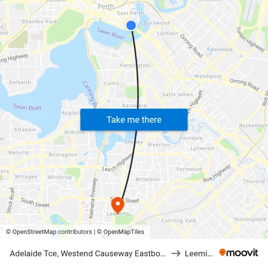 Adelaide Tce, Westend Causeway Eastbound to Leeming map