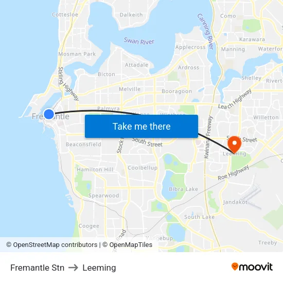 Fremantle Stn to Leeming map