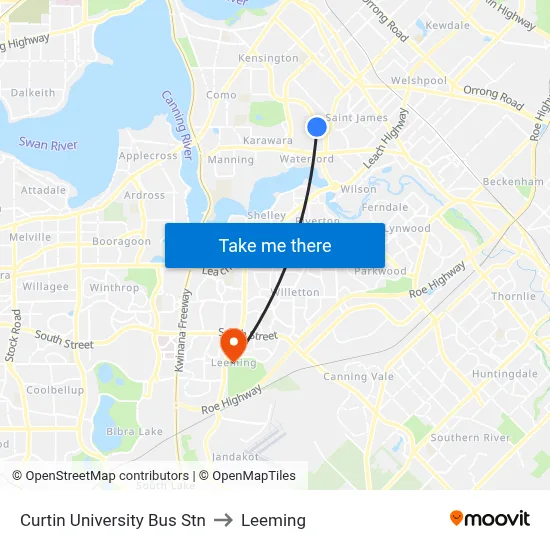 Curtin University Bus Stn to Leeming map