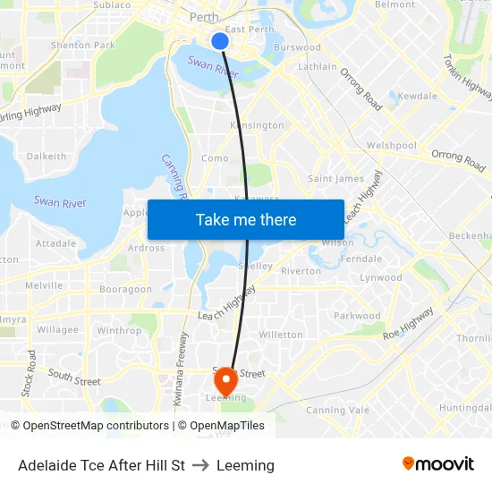 Adelaide Tce After Hill St to Leeming map