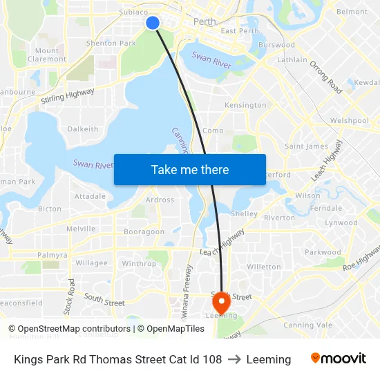 Kings Park Rd Thomas Street Cat Id 108 to Leeming map