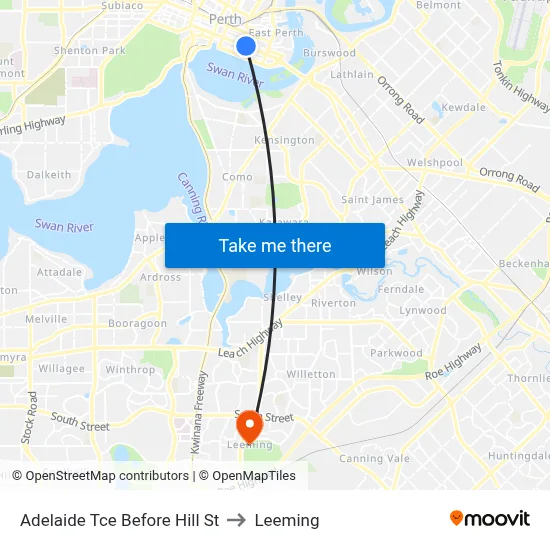 Adelaide Tce Before Hill St to Leeming map
