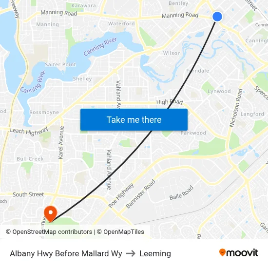 Albany Hwy Before Mallard Wy to Leeming map