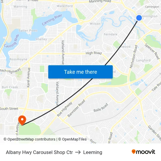 Albany Hwy Carousel Shop Ctr to Leeming map