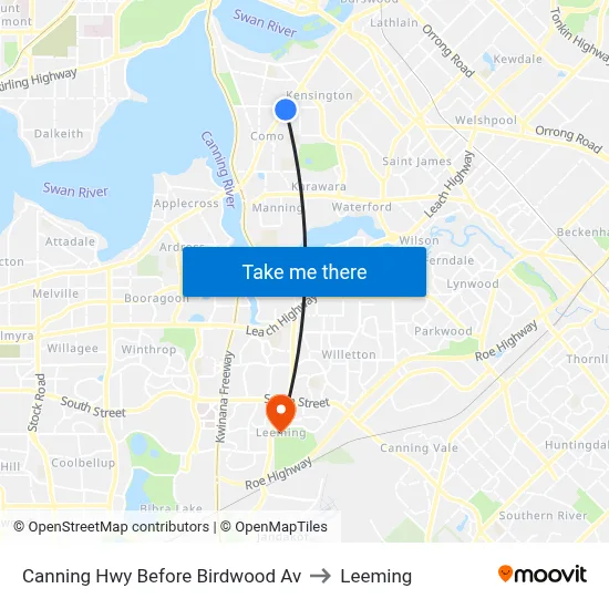 Canning Hwy Before Birdwood Av to Leeming map