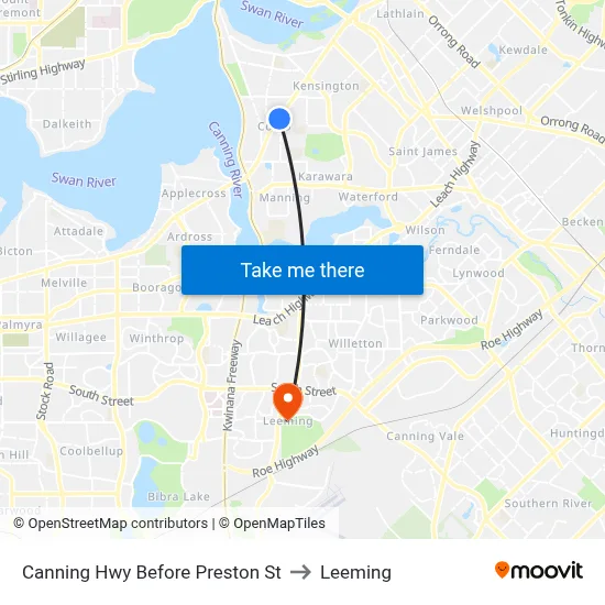 Canning Hwy Before Preston St to Leeming map