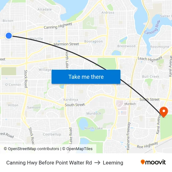 Canning Hwy Before Point Walter Rd to Leeming map