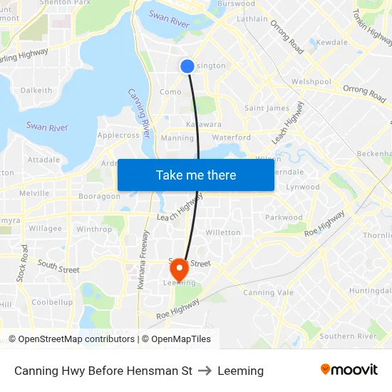Canning Hwy Before Hensman St to Leeming map