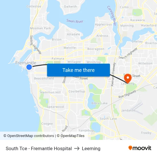 South Tce - Fremantle Hospital to Leeming map