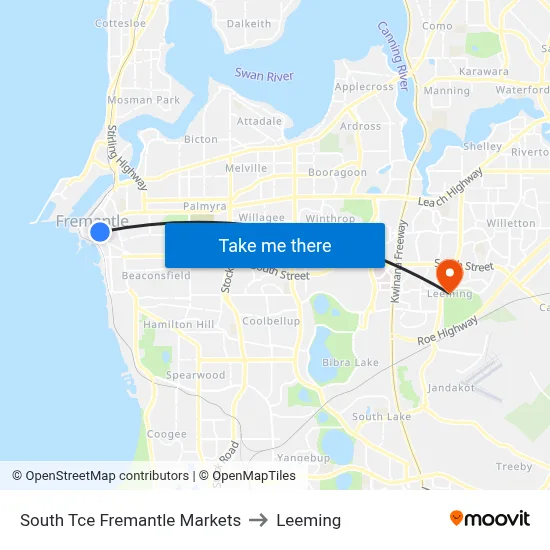 South Tce Fremantle Markets to Leeming map