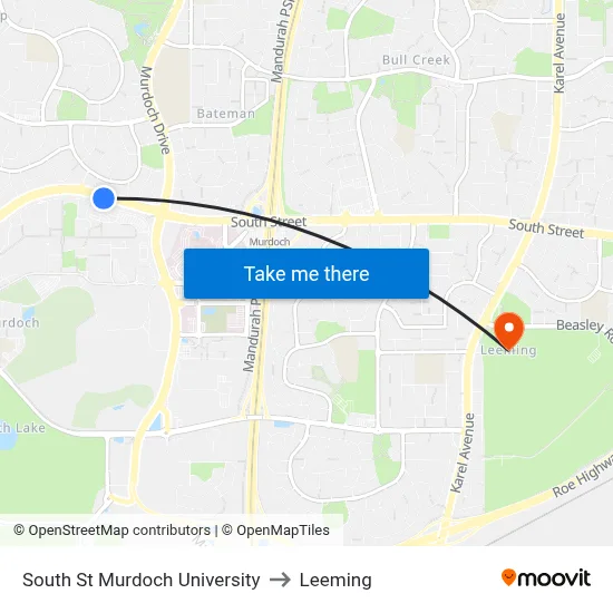 South St Murdoch University to Leeming map