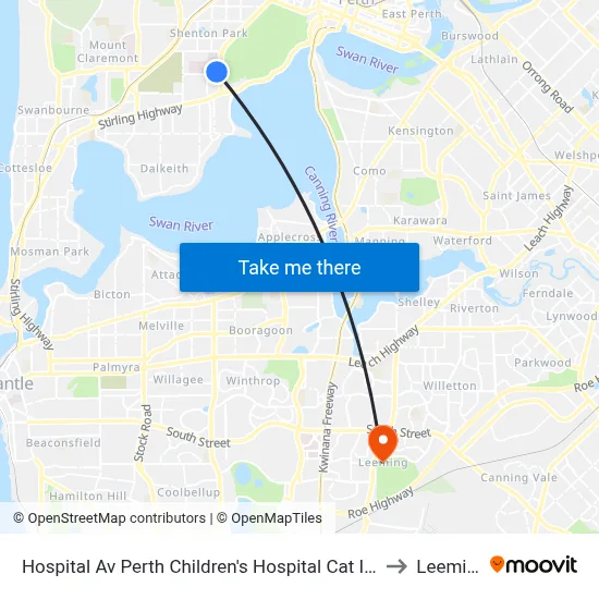 Hospital Av Perth Children's Hospital Cat Id 132 to Leeming map