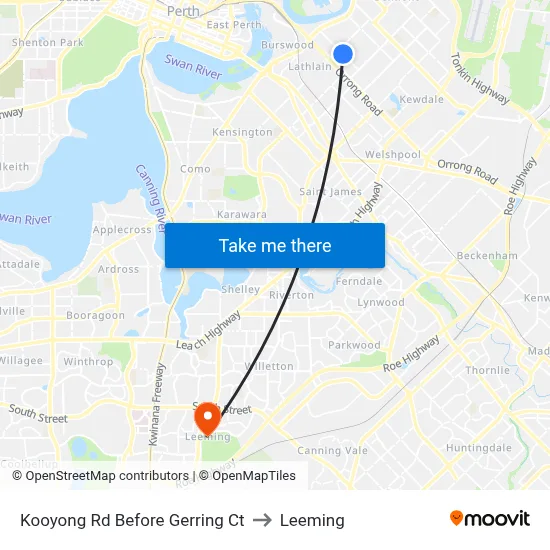 Kooyong Rd Before Gerring Ct to Leeming map