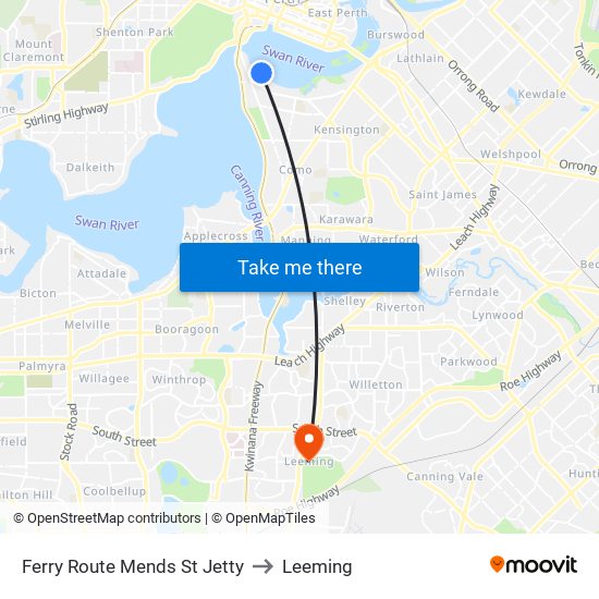 Ferry Route Mends St Jetty to Leeming map