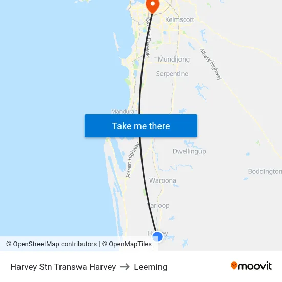 Harvey Stn Transwa Harvey to Leeming map