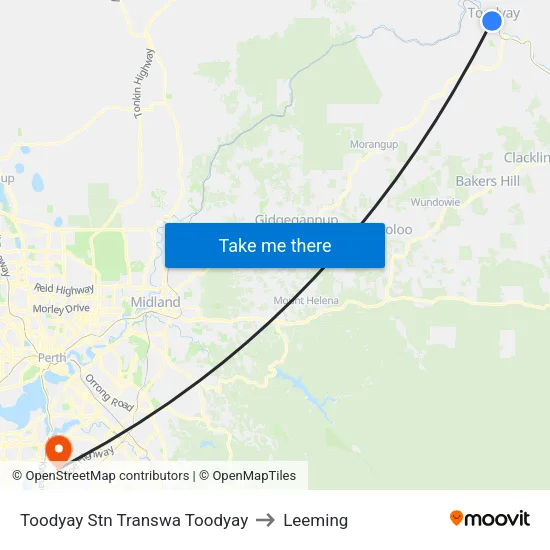 Toodyay Stn Transwa Toodyay to Leeming map