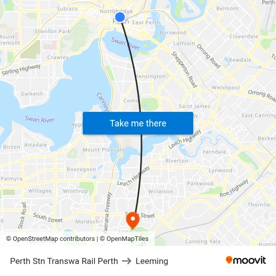 Perth Stn Transwa Rail Perth to Leeming map