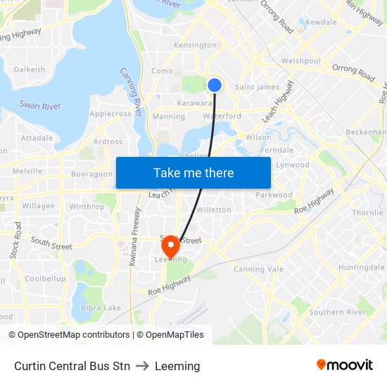 Curtin Central Bus Stn to Leeming map