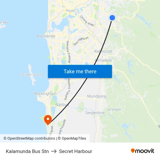 Kalamunda Bus Stn to Secret Harbour map