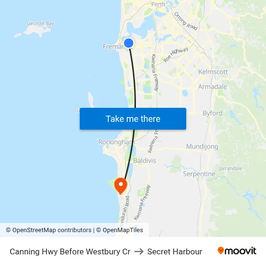 Canning Hwy Before Westbury Cr to Secret Harbour map