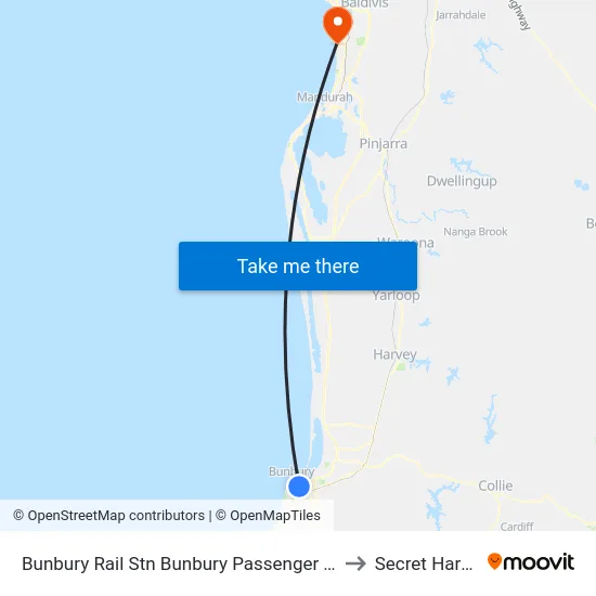 Bunbury Rail Stn Bunbury Passenger Terminal to Secret Harbour map