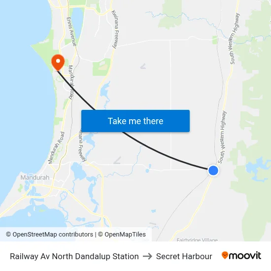 Railway Av North Dandalup Station to Secret Harbour map