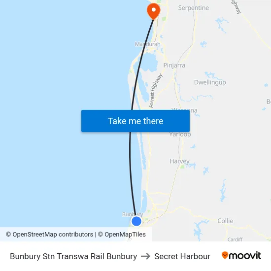 Bunbury Stn Transwa Rail Bunbury to Secret Harbour map