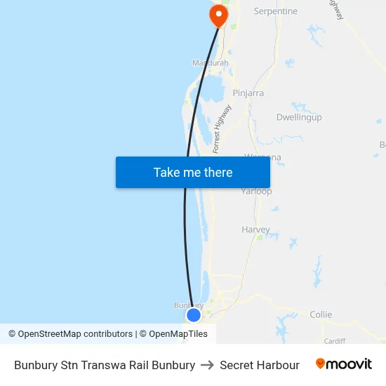 Bunbury Stn Transwa Rail Bunbury to Secret Harbour map