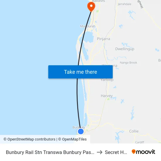 Bunbury Rail Stn Transwa Bunbury Passenger Terminal to Secret Harbour map