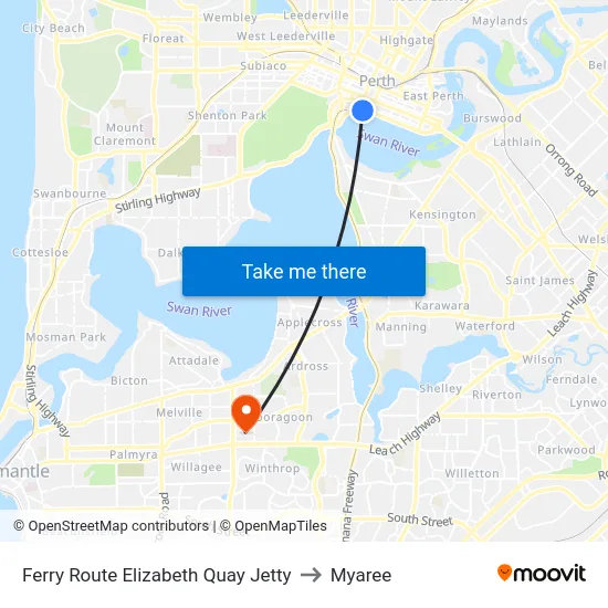 Ferry Route Elizabeth Quay Jetty to Myaree map