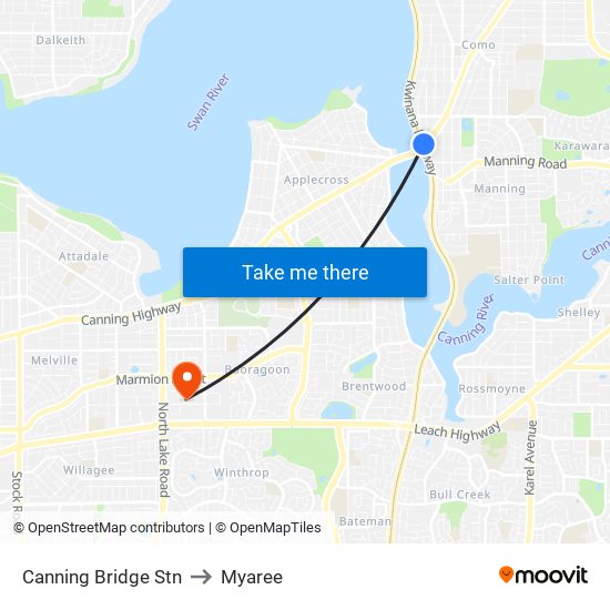 Canning Bridge Stn to Myaree map