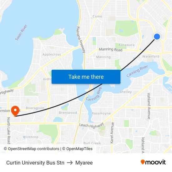 Curtin University Bus Stn to Myaree map